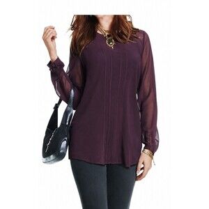 CAbi 3092 Entice Blouse Purple/Plum Sheer Long Sleeve Keyhole Loose Fit Sz Large